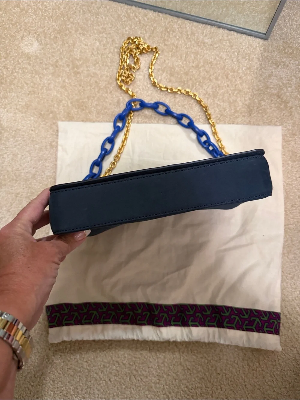 Tory Burch Navy Shoulder Bag with Multicolor Whipstitch and Gold Chain